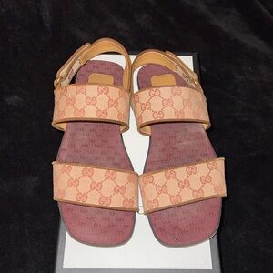 Well used Gucci GG Supreme Canvas Sandals In Beige size 11 UK
